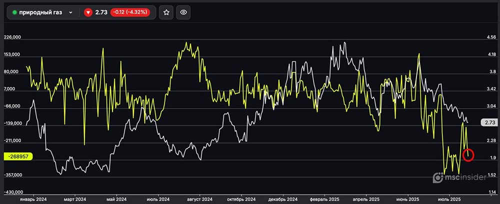 Какие позиции у юрлиц по фьючерсам на природный газ?