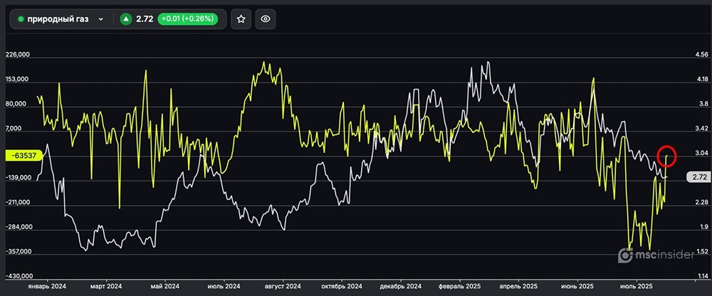 Какие позиции у юриков во фьючерсах на природный газ на 28 августа?