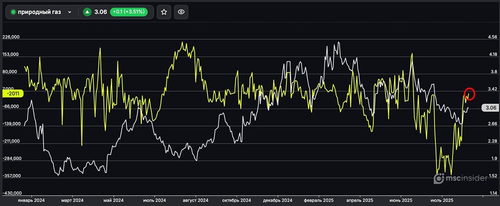 Как ведут себя юрлица во фьючерсах на природный газ на 4 сентября 2025 года?
