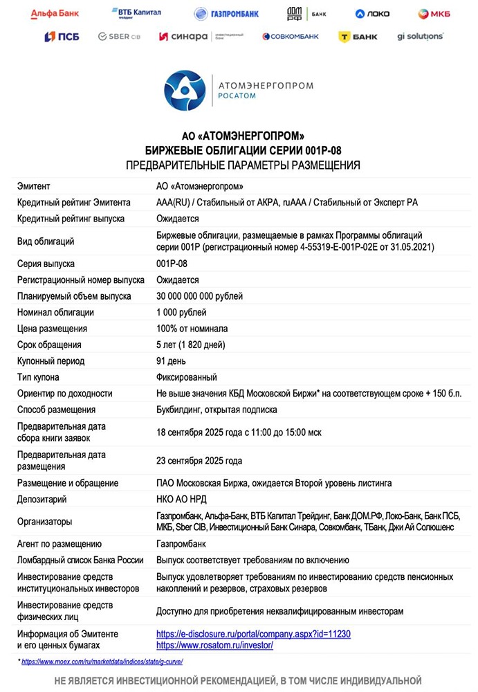 Что нужно знать о новом выпуске облигаций «Атомэнергопром» Серия: 001P-08 на 30 миллиардов рублей?