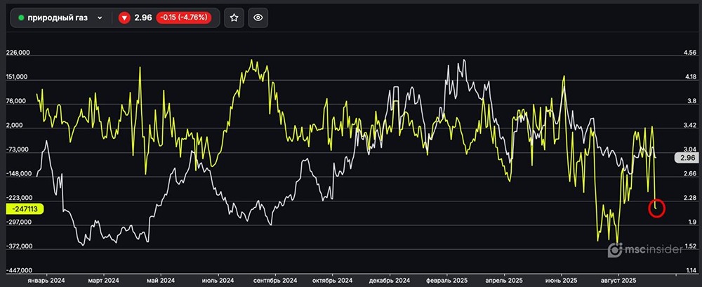 Что стоит за резким увеличением чистого шорта юрлицами на фьючерсах природного газа?