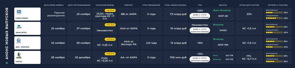 Какие облигации стоит рассмотреть на первичном размещении 24-29 ноября?