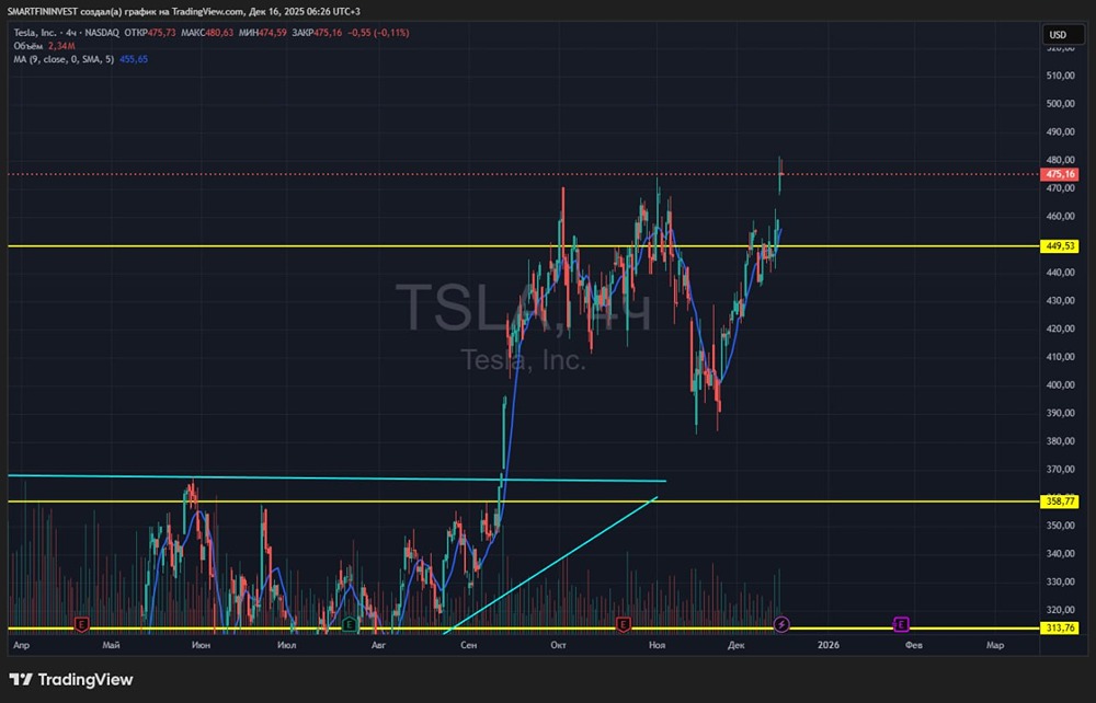 Tesla растёт против рынка: достигнем ли цена 500$?