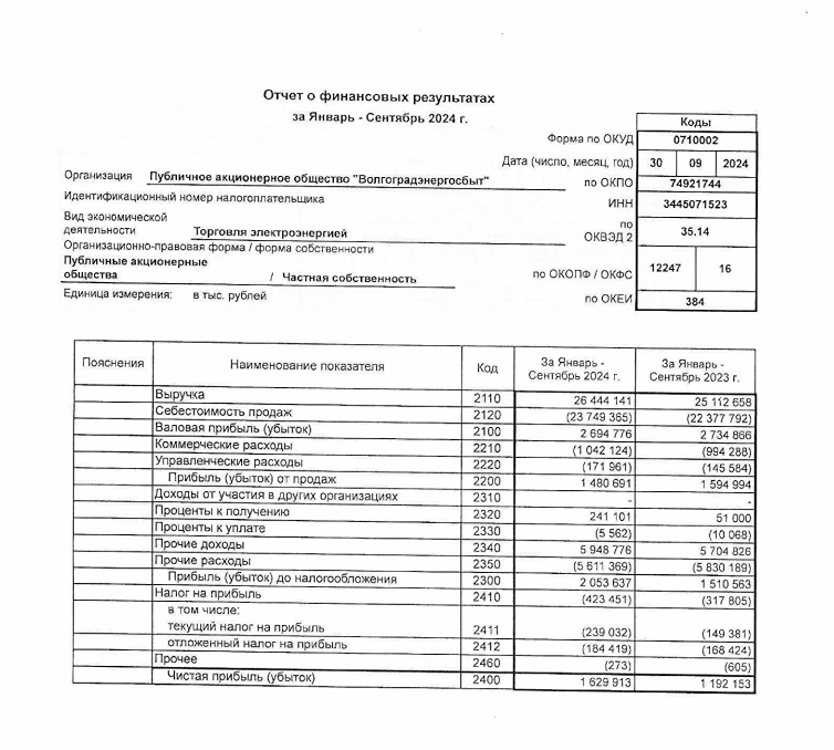 ПАО Волгоградэнергосбыт. Отчет РСБУ 9 месяцев 2024 года