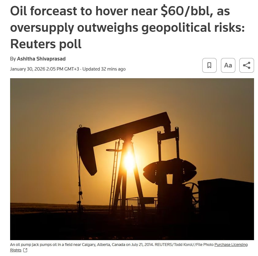 Нефть будет стоить около $60 за баррель в 2026 году, поскольку избыток предложения перевешивает геополитические риски — опрос Reuters
