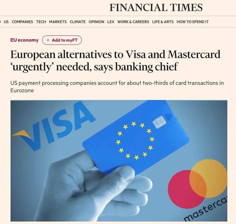 В Европе призвали немедленно создать свою карту Мир, вместо Visa и Mastercard. В 2022 году на Visa и Mastercard приходилось почти 2/3 транзакций в еврозоне, при этом в 13 странах-членах нет национальной альтернативы американским платёжным системам