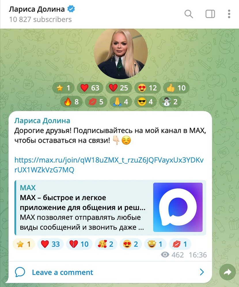 Лариса Долина попросила россиян подписаться на свой канал в Max