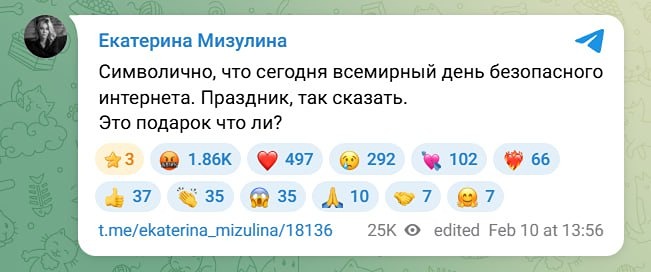 Сегодня отмечается всемирный день безопасного интернета, напомнила Мизулина