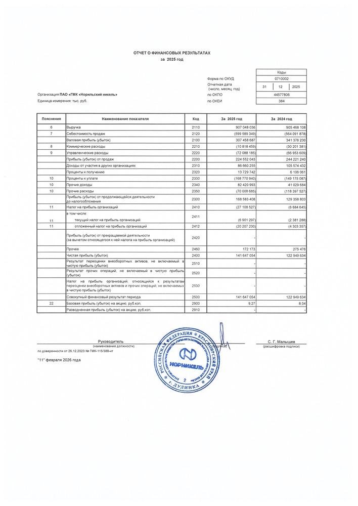 ГМК Норильский никель Отчет РСБУ за 2025 год