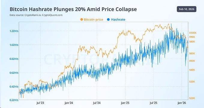 Хэшрейт BTC рухнул на 20% от хаев 2025 г. Исторически bearish, но уже восстанавливается, отмечают эксперты