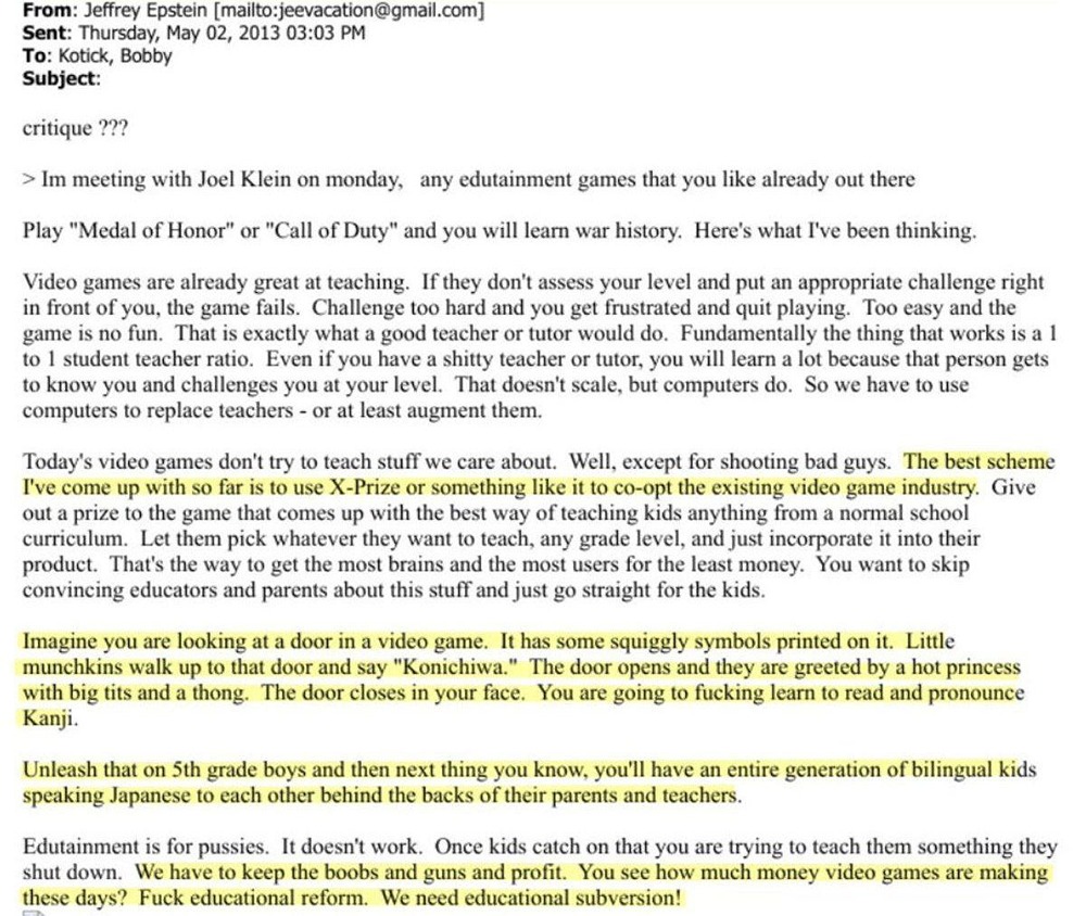 В электронных письмах 2013 года банкстер Эпштейн и Бобби Котик задавались вопросом: «Как научить детей тратить деньги всю оставшуюся жизнь?»