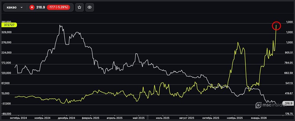 Какао: физлица стремительно наращивают исторический максимум чистого лонга