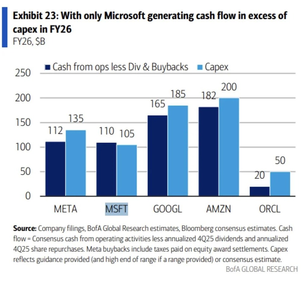 Только Microsoft генерирует денежный поток, превышающий капитальные затраты в 2026 финансовом году