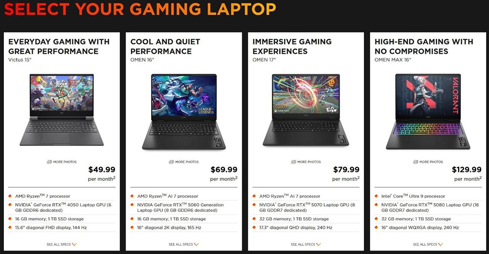 Компания HP запустила подписку на игровые ноутбуки. Топовый вариант стоит $130 в месяц и включает в себя ноутбук Omen Max 16 с видеокартой RTX 5080