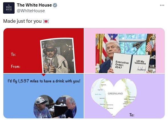 Белый дом отметил День святого Валентина открытками с Гренландией и Мадуро