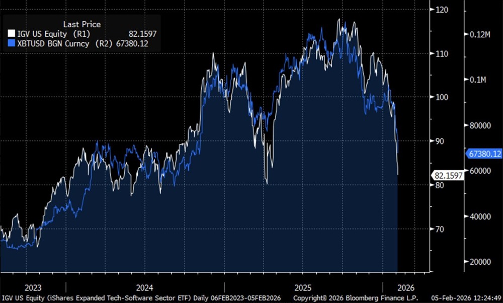 Биткоин больше не отслеживает индекс Nasdaq. Теперь он отслеживает нечто гораздо более специфическое: акции компаний, занимающихся разработкой программного обеспечения