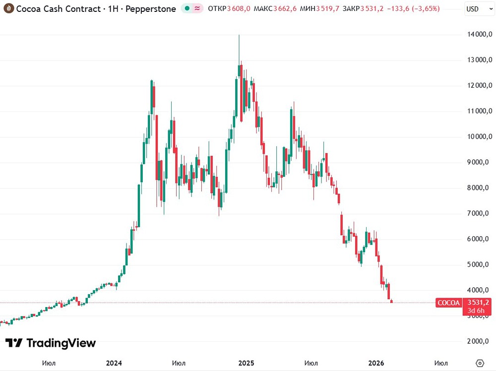 Фьючерсы на какао-бобы вплотную приблизились к отметке в $3500 за тонну, снизившись с декабрьских пиков 2024 года на 75%