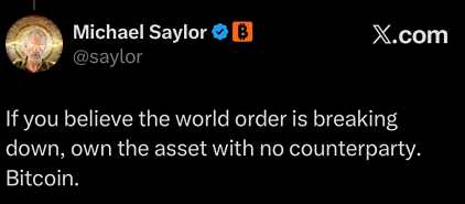 Майкл Сэйлор Рэю Далио: «Если вы считаете, что мировой порядок рушится, владейте активом без контрагента. Биткоином»