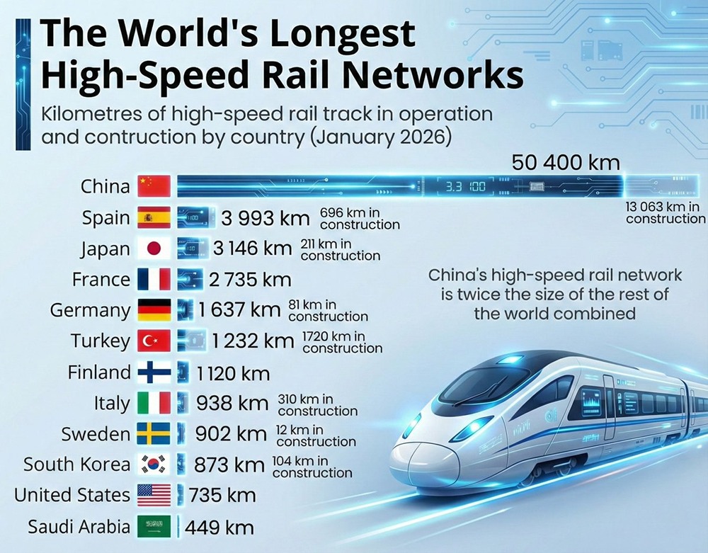 Самые длинные в мире сети высокоскоростных железных дорог в 2026 году