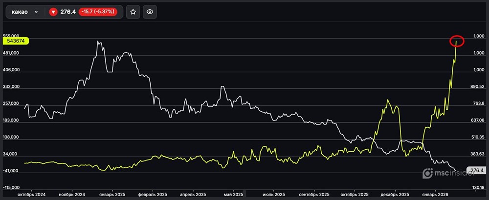 Какао: физлица продолжают стремительно наращивать чистый лонг