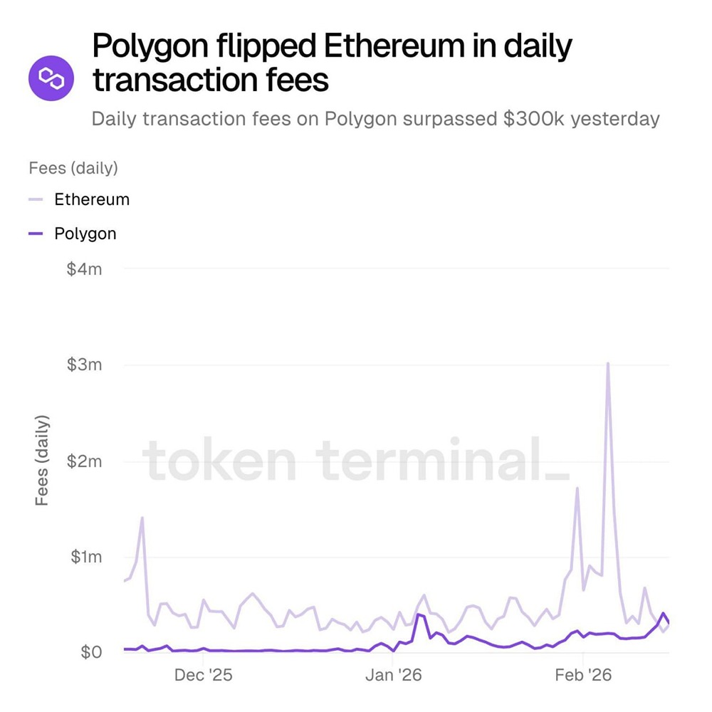 Polygon обогнал Ethereum по ежедневным транзакционным сборам, превысив 300 тысяч долларов по данным Token Terminal