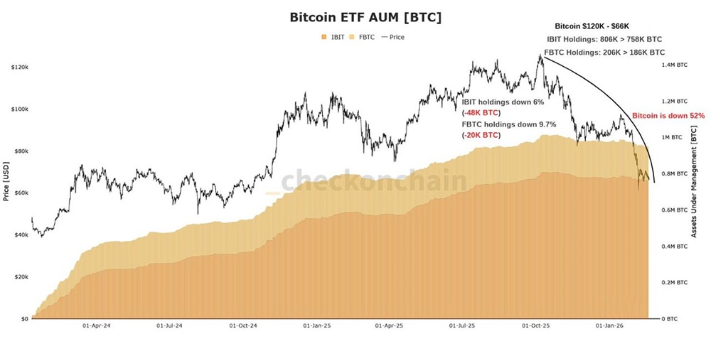 Биткоин упал на 52% по сравнению с пиком, однако активы BlackRock (IBIT) снизились всего примерно на 6%