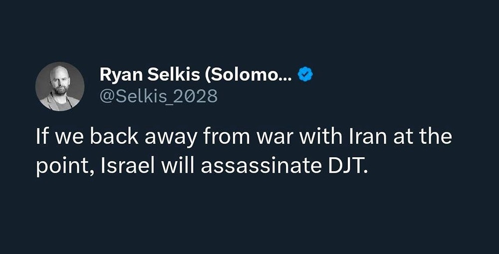 Американский селебрити Райан Селкис написал, что если Трамп сейчас откажется от удара по Ирану, то израильские спецслужбы могут вообще его ликвидировать