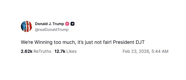 "Мы слишком много побеждаем. Это просто нечестно!" — Трамп — Truth Social