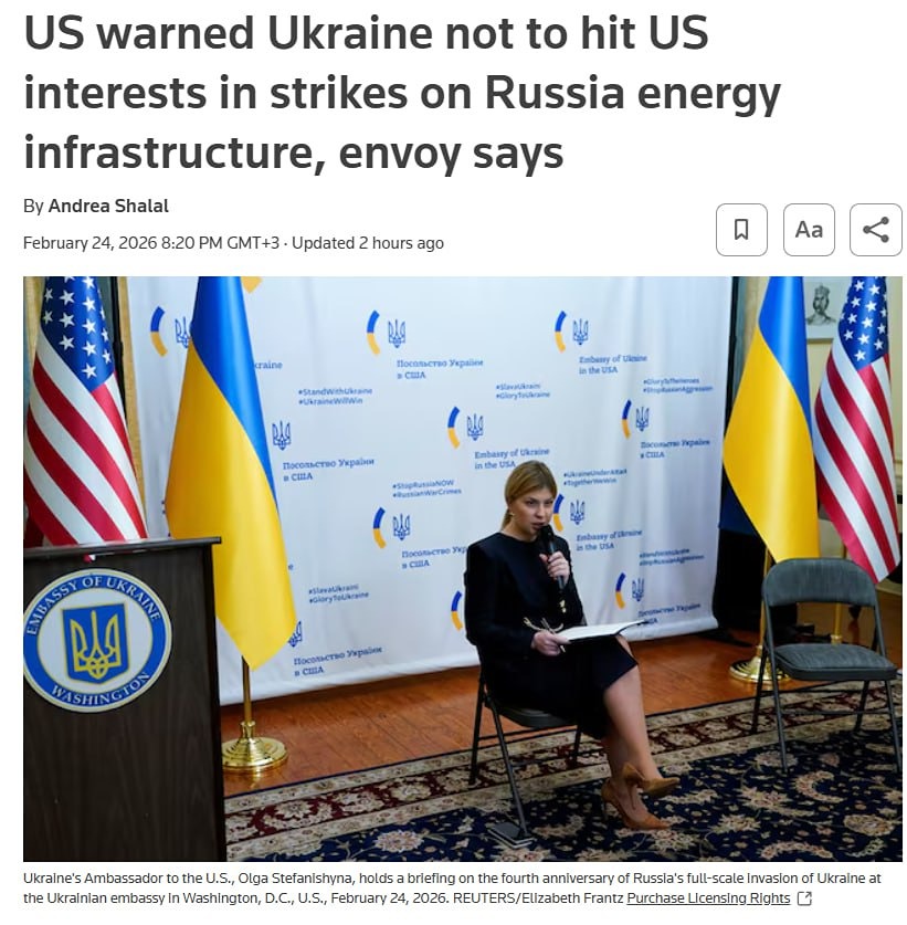 Госдеп США призвал украинское правительство воздержаться от нанесения ударов по объектам, представляющим интерес для США, после атаки Украины на порт Новороссийска — посол Киева в Вашингтоне