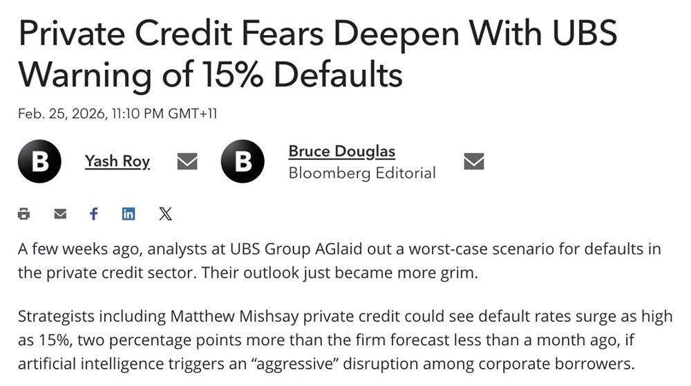 По данным UBS, уровень неплатежей по частным кредитам может взлететь до 15%, что будет выше, чем во время мирового финансового кризиса