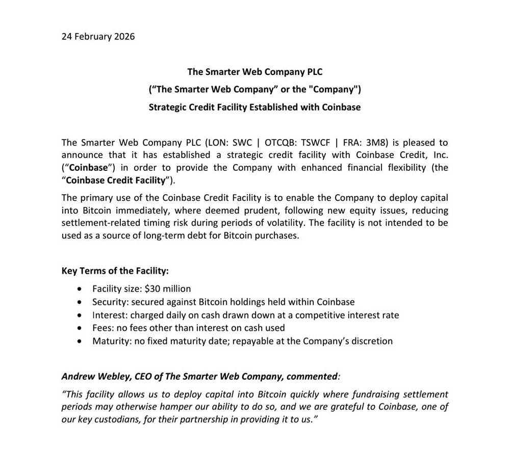 Компания Smarter Web получила кредитную линию в размере 30 миллионов долларов от Coinbase для расширения своих запасов биткоинов
