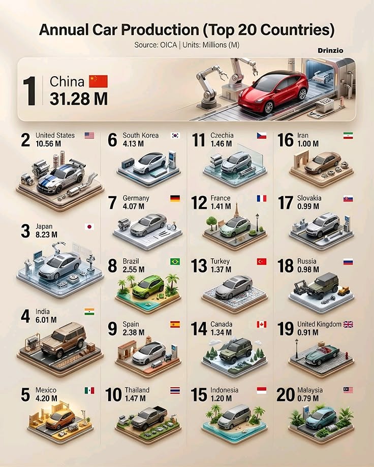 Ежегодный объем производства автомобилей в 20 ведущих странах мира