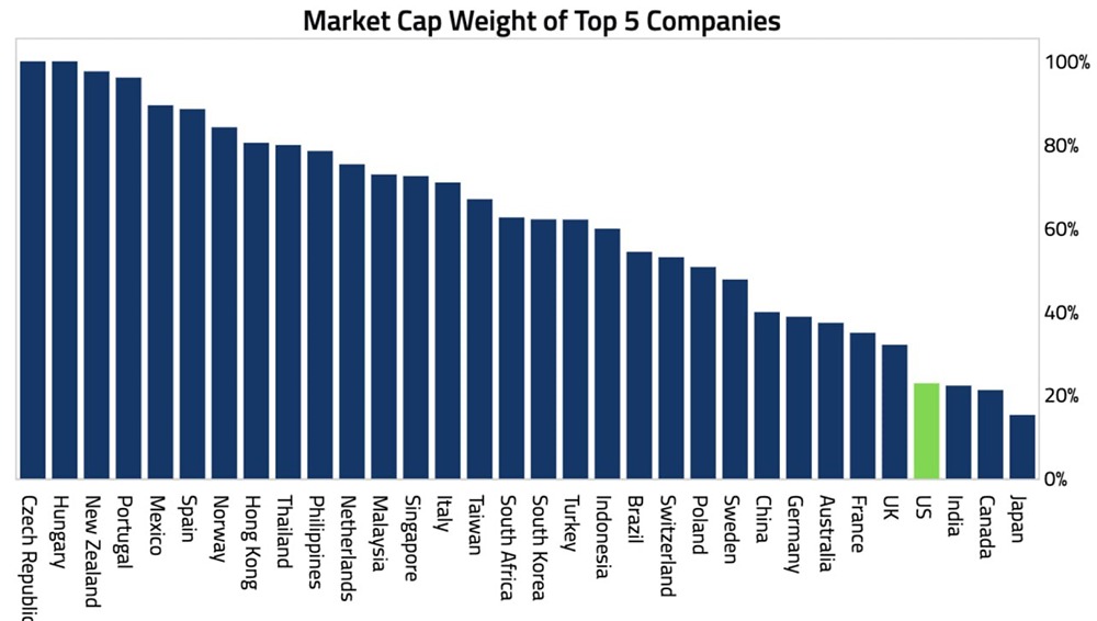 На пять крупнейших американских компаний приходится примерно 23% от общей рыночной капитализации — значительная доля, но на самом деле меньше, чем в большинстве других стран