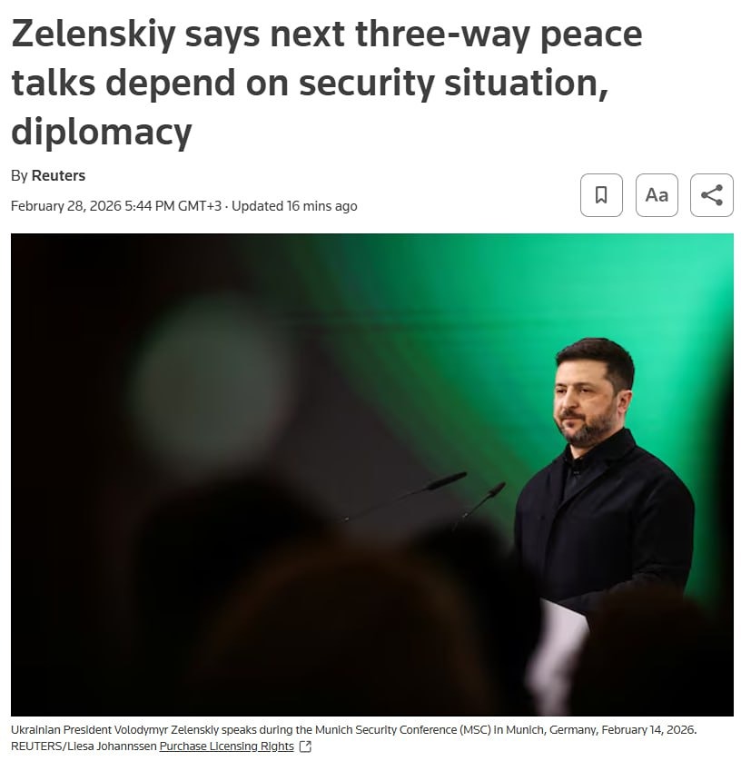 Зеленский заявил, что время и место следующего раунда мирных переговоров между США, Россией и Украиной будут зависеть от ситуации с безопасностью на Ближнем Востоке