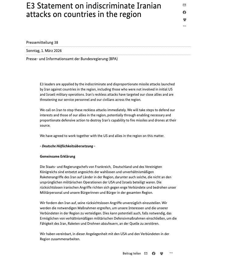 Лидеры Германии, Франции и Великобритании в совместном заявлении сообщили, что готовы предпринять «пропорциональные защитные меры» против Ирана