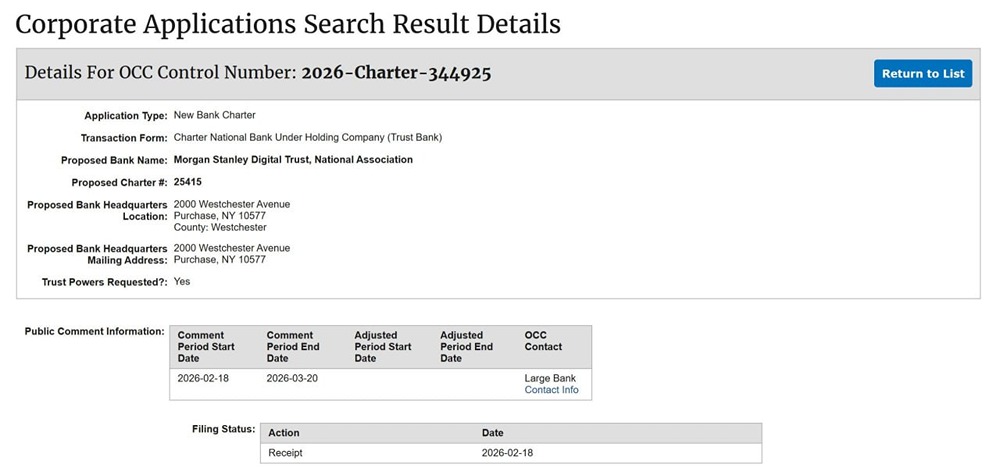 Morgan Stanley подал заявку на получение лицензии национального трастового банка для хранения криптовалюты и расширения услуг в сфере цифровых активов