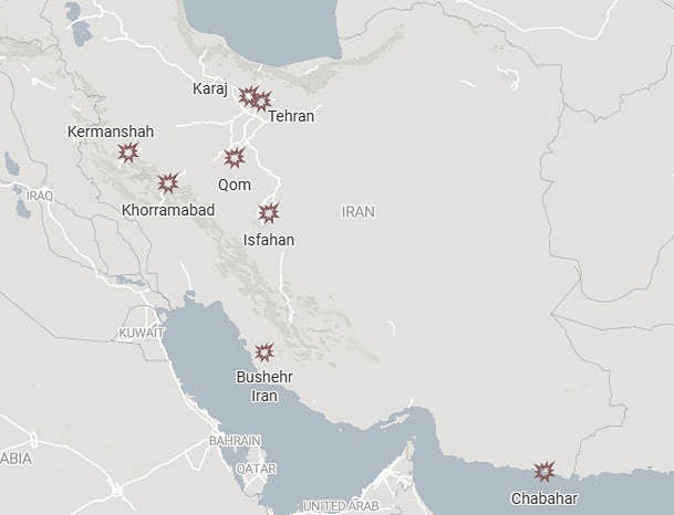 На карте отмечены удары по Ирану