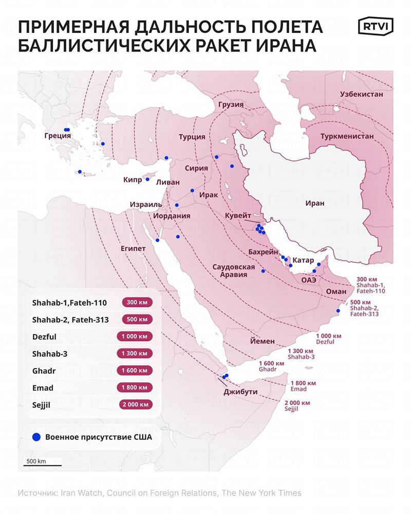 RTVI показывает дальность ракет, которые имеются в арсенале Ирана и возможные цели