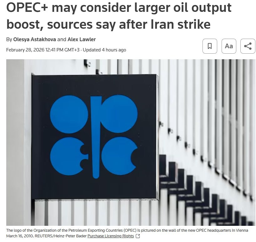 ОПЕК+ может рассмотреть возможность увеличения добычи нефти после удара по Ирану — Reuters