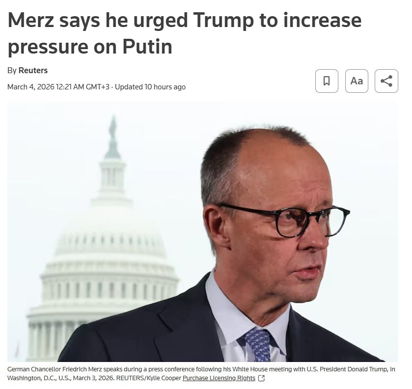 Мерц призвал Трампа усилить давление на Москву. Россия по Украине тянет время и тем самым действует вопреки воле американского президента