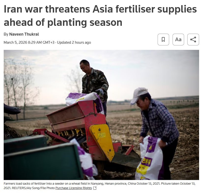 Война в Иране угрожает поставкам удобрений в Азию в преддверии посевного сезона