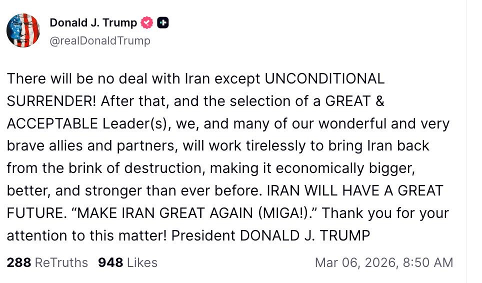 Трамп заявил, что сделки с Ираном не будет. США требуют «полной капитуляции»