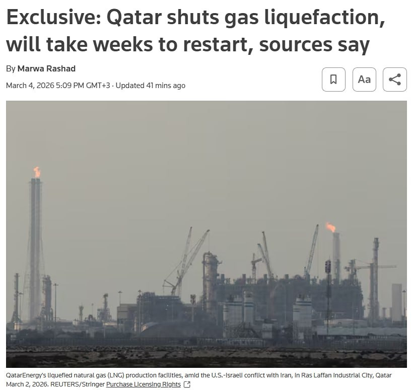 В среду Катар полностью прекратил производство СПГ и не сможет вернуться к нормальному уровню производства и экспорта как минимум в течение месяца