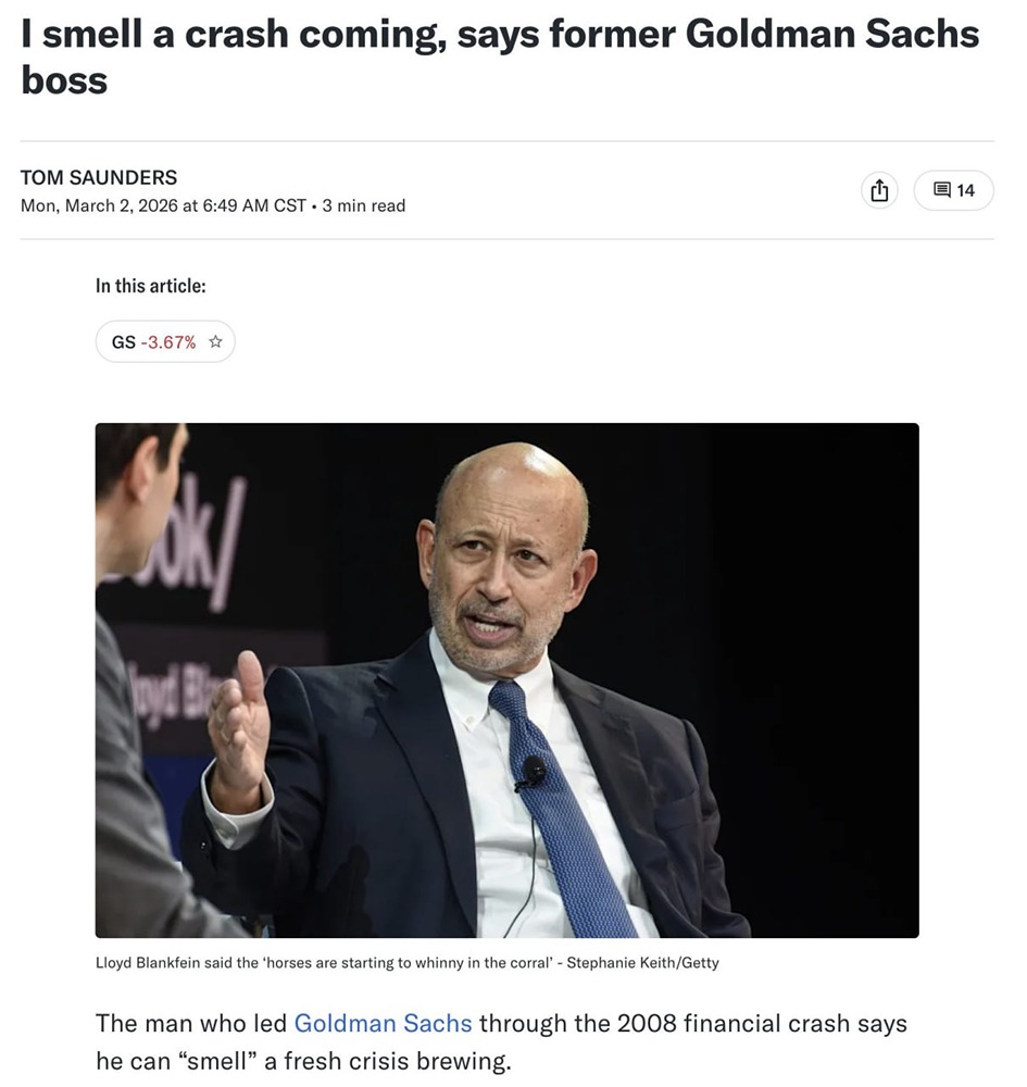 Бывший генеральный директор Goldman Sachs Ллойд Бланкфейн предупреждает о приближающемся крахе фондового рынка