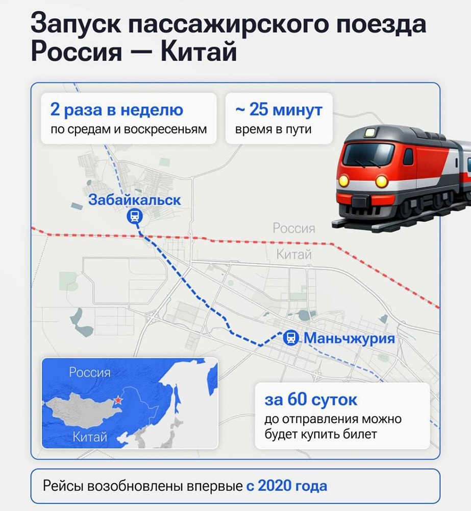 После паузы с 2020 года РЖД снова запустили пассажирские рейсы между Россией и Китаем