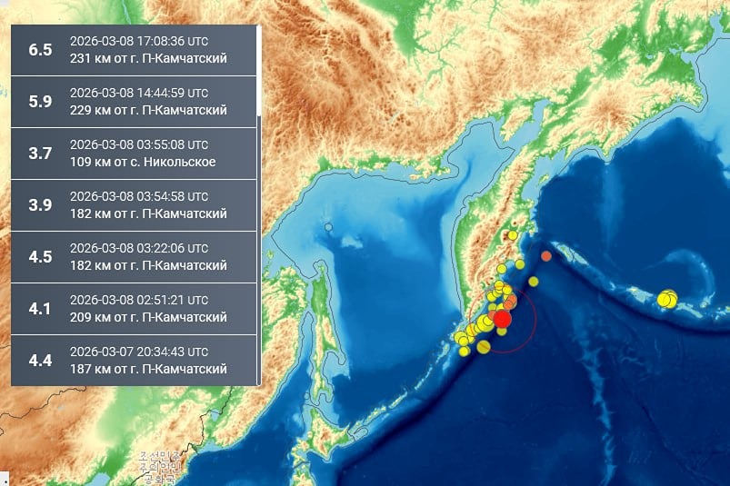 Землетрясение магнитудой 6,5 произошло у берегов Камчатки, сообщили в ФИЦ ЕГС РАН