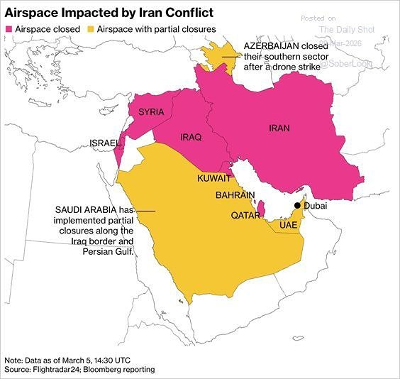 На этой карте показано воздушное пространство, затронутое конфликтом в Иране
