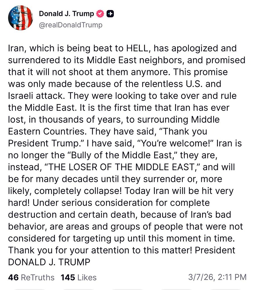 Дональд Трамп пообещал усилить военное давление на Тегеран после того, как президент Ирана Масуд Пезешкиан обратился к странам Ближнего Востока