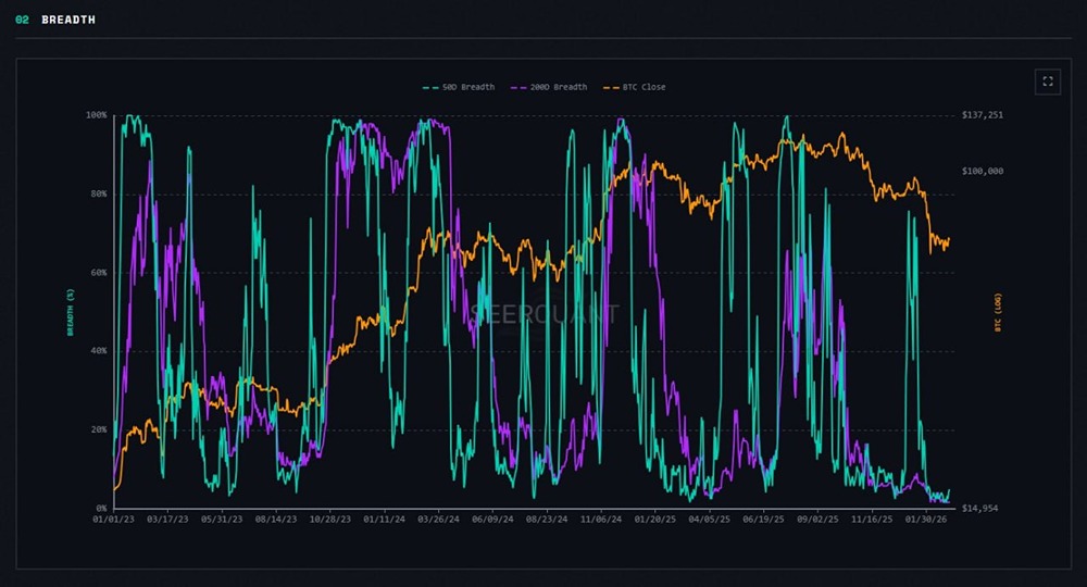 98,33% альткоинов находятся ниже своего среднего значения за 200 дней