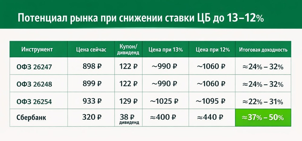 Как снижение ставки ЦБ до 13–14 % повлияет на ОФЗ и дивидендные акции?